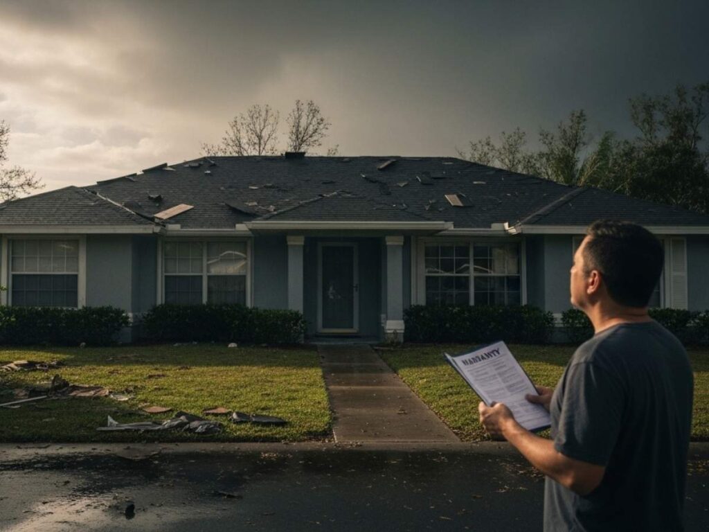 Florida homeowner examining roof damage and warranty paperwork after a severe storm.