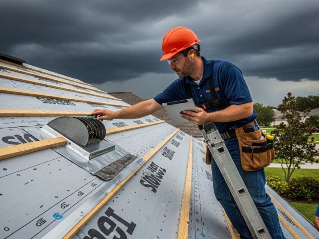 Professional roofing contractor inspecting a residential roof for damage before hurricane season.