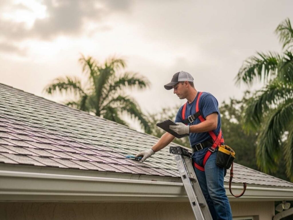 Roofing professional inspecting gutters and roofline of a Florida home after a rainstorm.