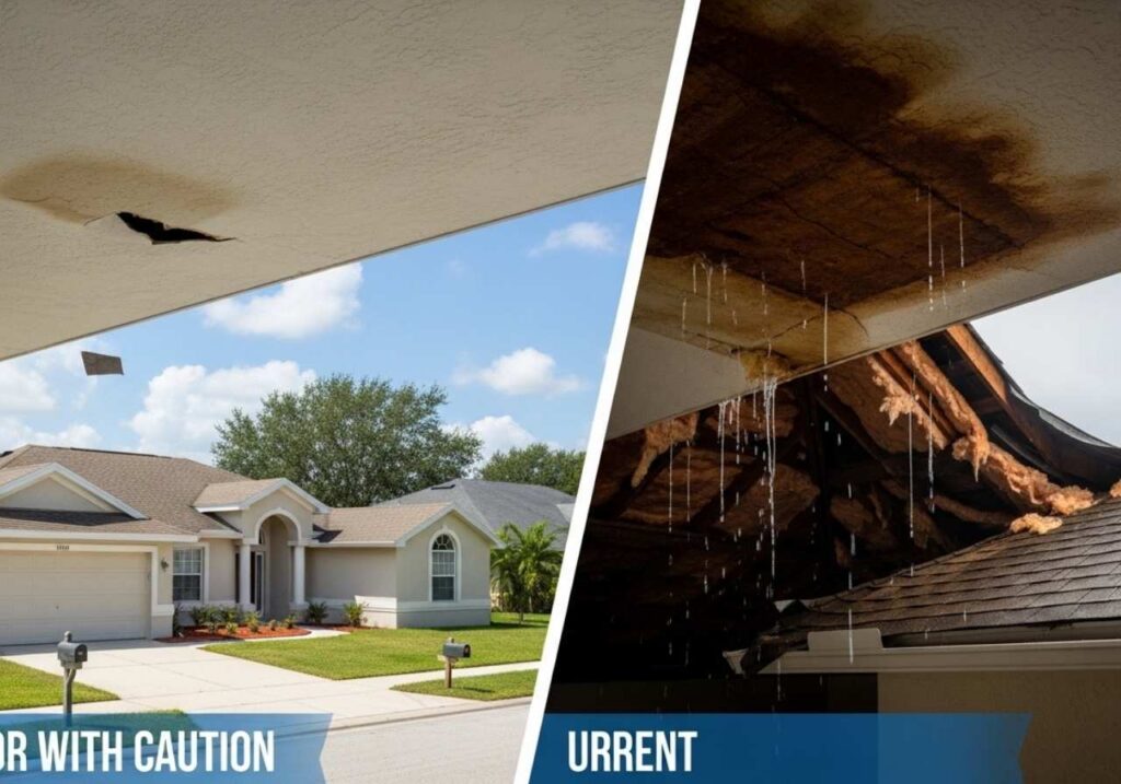 Split image showing minor roof wear to monitor versus serious roof leak damage requiring immediate repair in a Florida home.