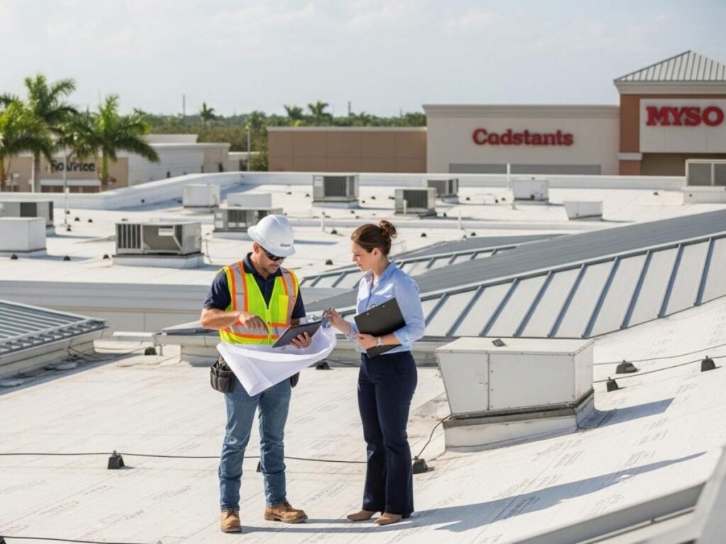 Commercial roofing contractor and property manager reviewing plans on a Florida retail center rooftop.