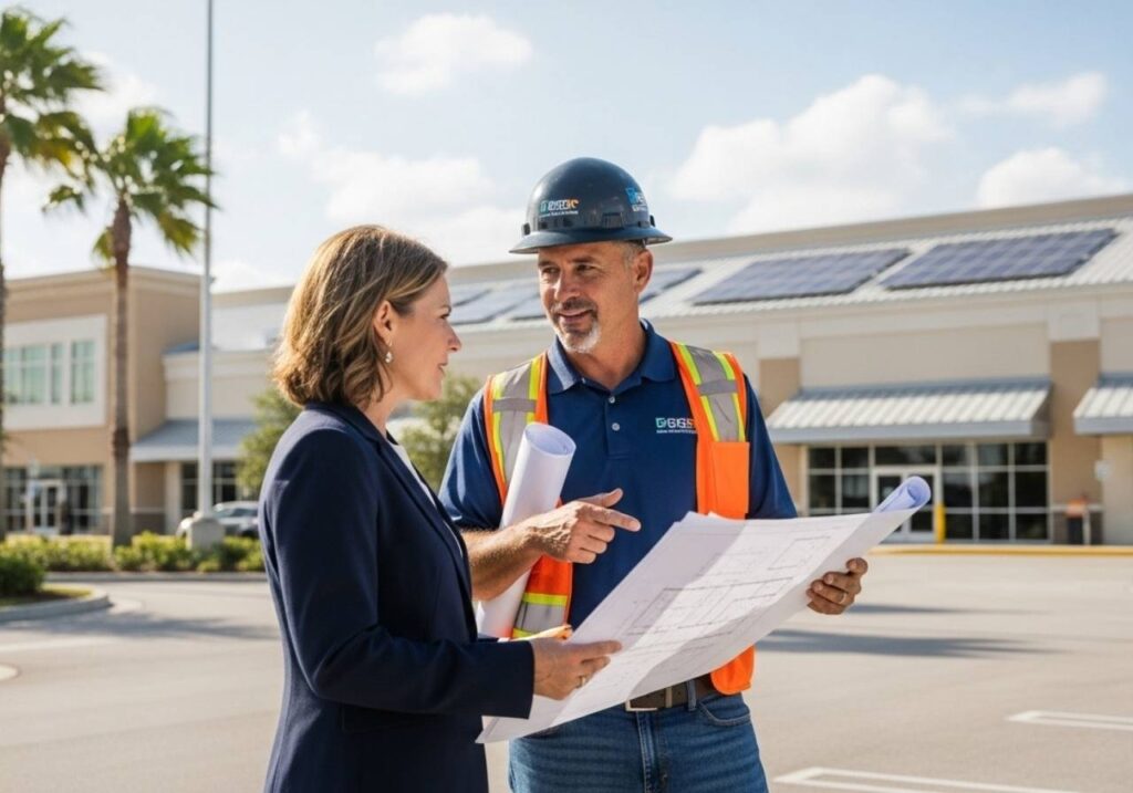 Commercial roofing contractor meeting with a business owner outside a Florida retail center under clear skies.
