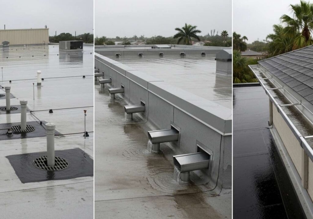 Comparison of internal drains, scuppers, and gutters on Florida flat roofs during rainfall.