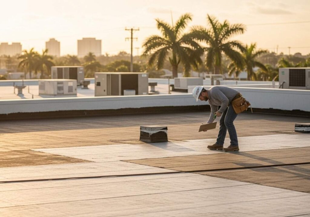 Florida commercial roof inspection in progress before coating application.