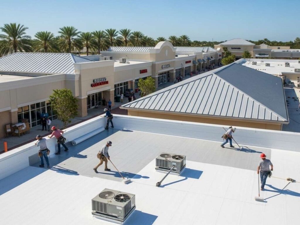 Contractors installing TPO and reflective roof coatings on a Florida retail center while stores remain open below.