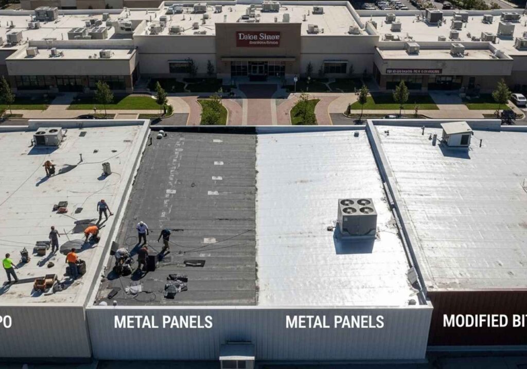 Side-by-side comparison of commercial roofing types installed on a retail plaza rooftop under bright daylight.