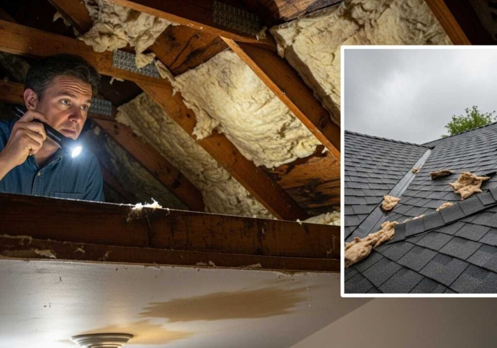 Homeowner inspecting attic for signs of roof leaks after a storm, with visible damage and damp insulation.