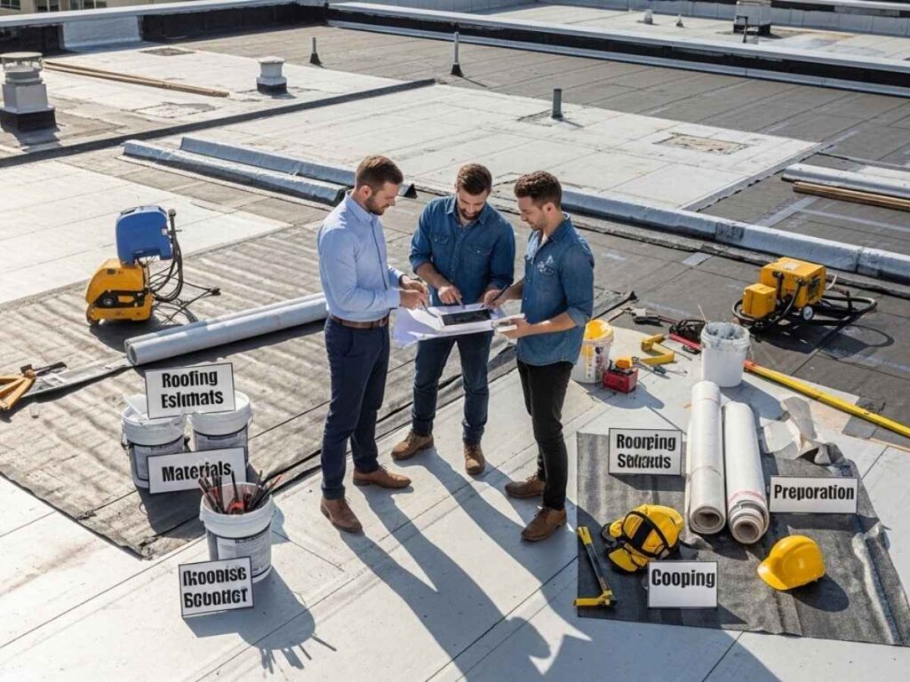 Roofing professionals reviewing commercial roof project costs with coating materials and replacement supplies visible on a flat rooftop.