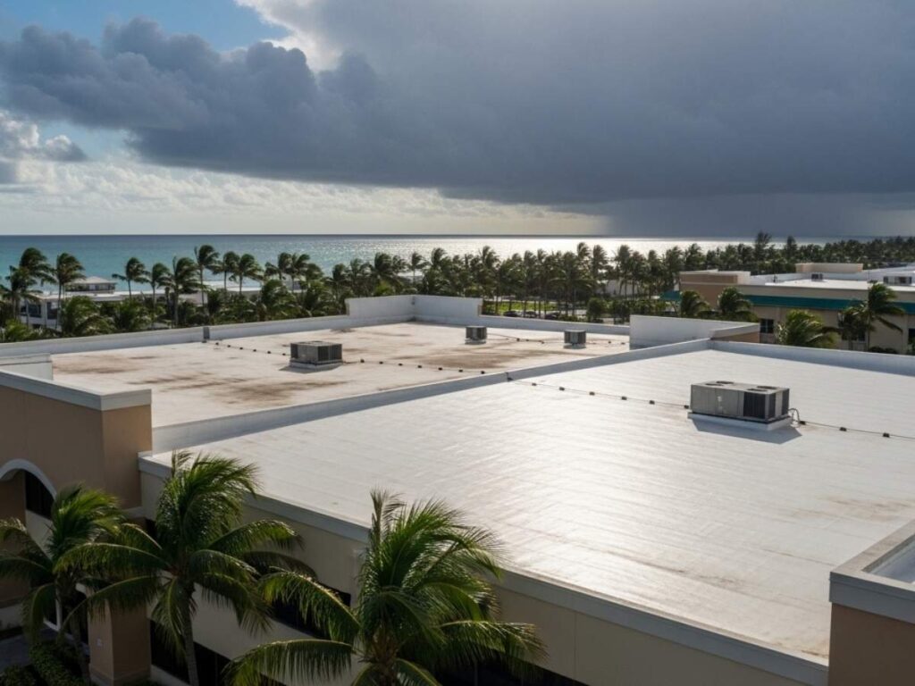 Commercial flat roof in coastal Florida exposed to strong sun and storm clouds, highlighting climate challenges for roofing systems.
