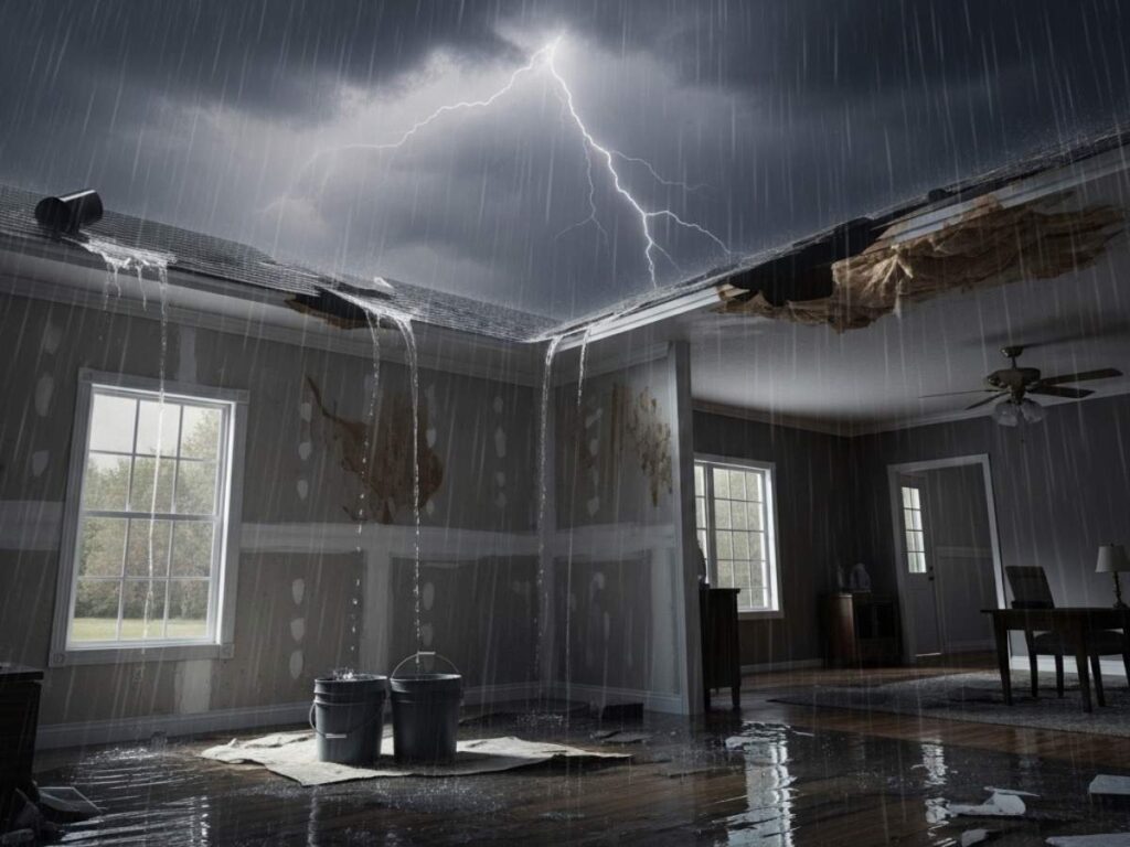 Florida home with roof leak during a thunderstorm causing interior ceiling and water damage from delayed roof repair.