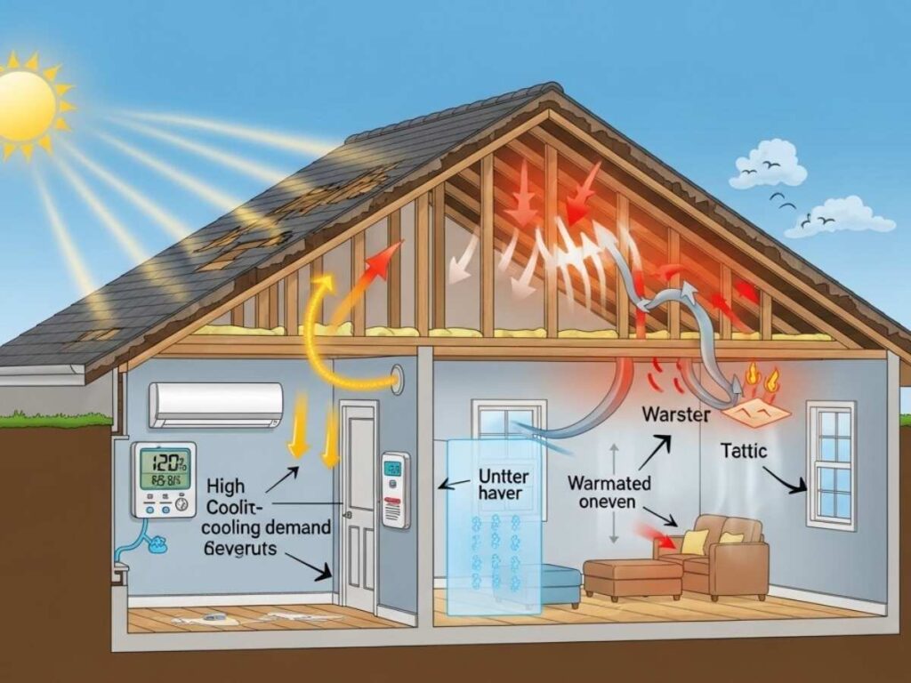 Cross-section of a home showing heat entering through a damaged roof and causing higher air conditioning use and energy bills.