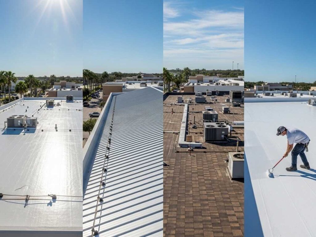 Side-by-side view of TPO, metal, modified bitumen, and cool roof coating systems on a Florida retail rooftop.