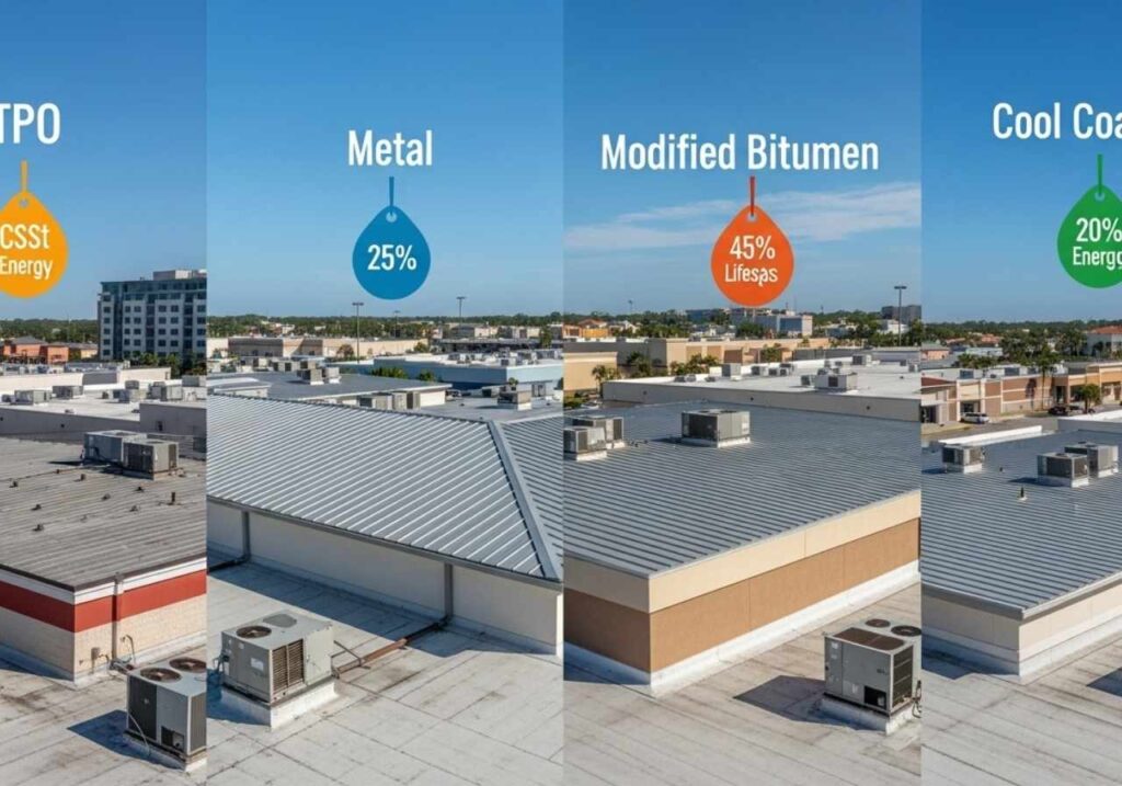 Florida retail roofs featuring TPO, metal, modified bitumen, and cool coatings compared side by side.