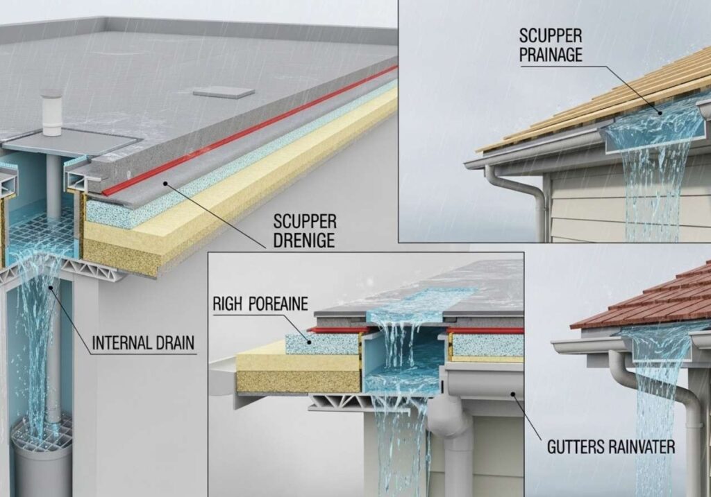 Cutaway view of flat roof drainage system showing internal drains, scuppers, gutters, and tapered insulation directing water flow.