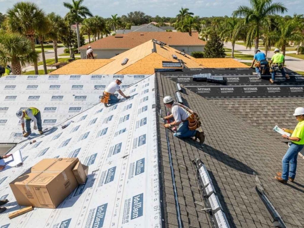 Florida roofing contractors installing upgraded underlayment and materials that meet building code requirements during a residential roof project.