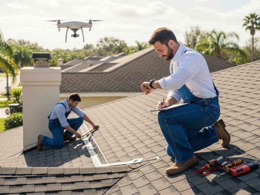 Roof inspectors taking time to carefully examine a residential roof using tools and a drone in a sunny Florida neighborhood.
