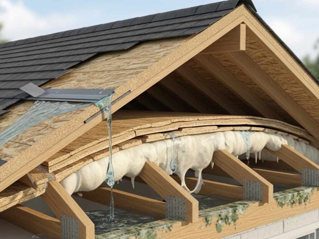 Cutaway illustration of roof leak damage showing water penetrating shingles, underlayment, and weakening the wooden roof structure.