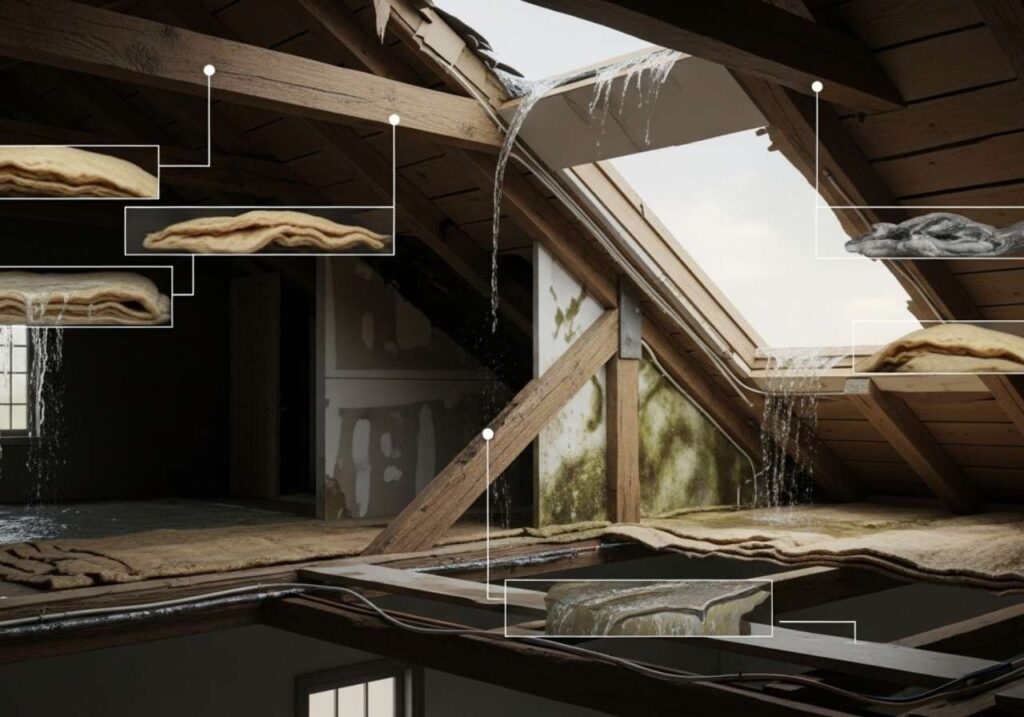Cutaway of a home attic showing hidden water damage from a roof leak affecting insulation, wood, wiring, and drywall.