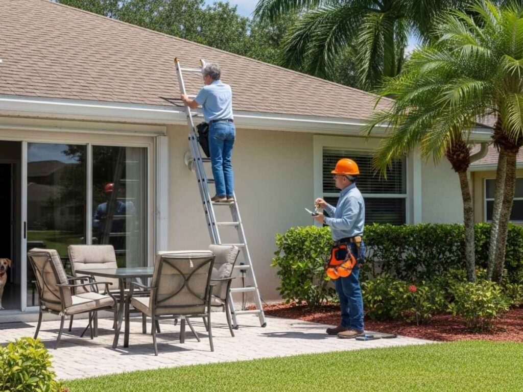 Florida homeowner preparing their property and clearing access for a professional roof inspection.