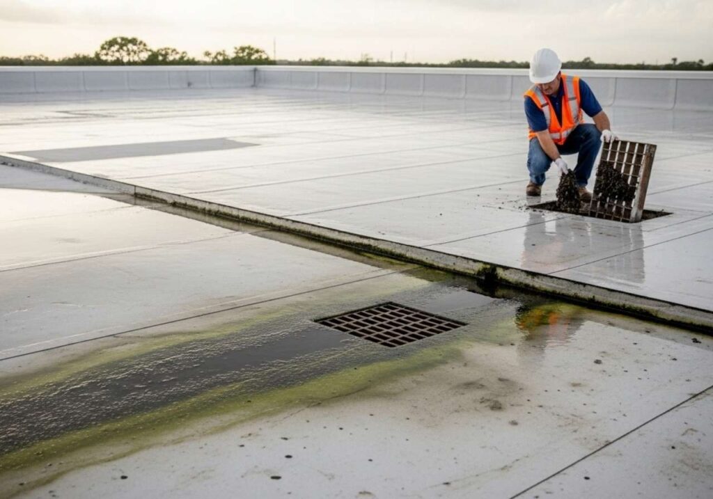 Florida flat roof with standing water, algae streaks, and clogged drain during inspection after rain.