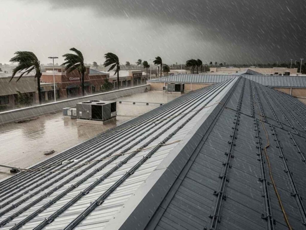 Hurricane-resistant commercial roofing system protecting a Florida retail center during a severe storm.
