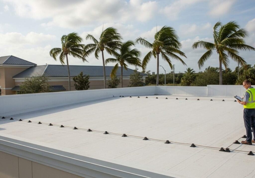 Florida retail building with a hurricane-resistant, code-compliant commercial roof under inspection.