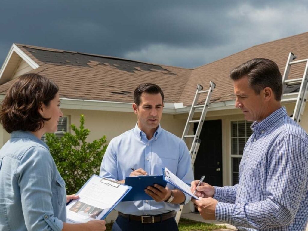 Homeowner and insurance adjuster reviewing roof damage and maintenance records after a storm inspection.