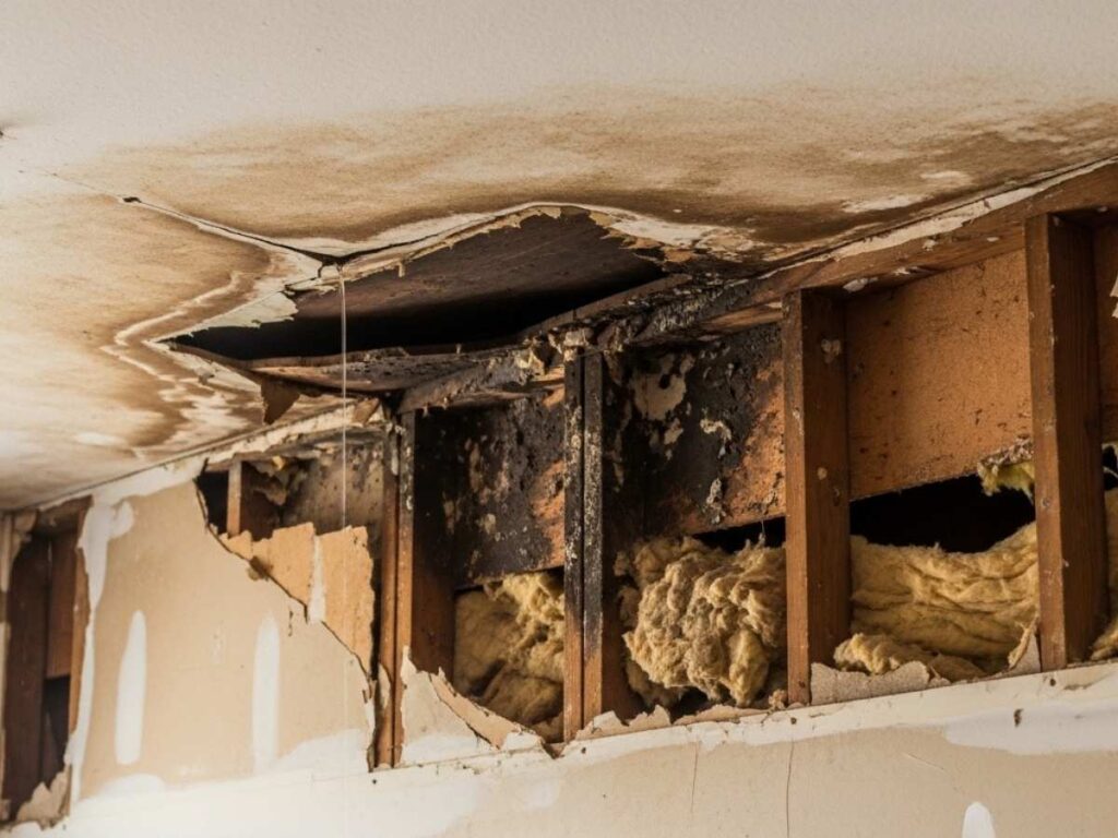 Interior home damage showing mold spreading on walls and ceiling caused by moisture from a leaking roof in a humid climate.