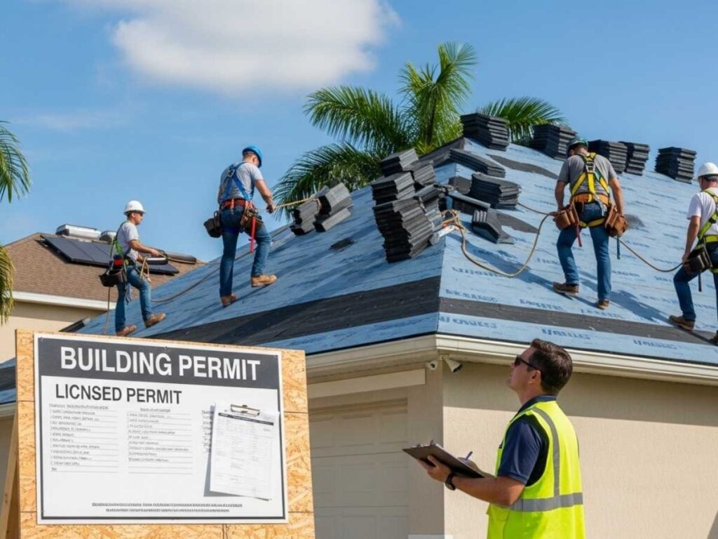Building inspector reviewing a permitted roofing project at a Florida home during installation.**