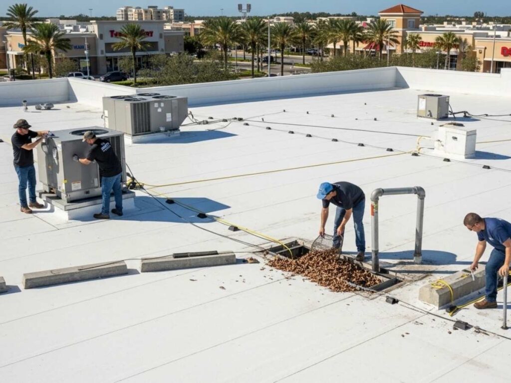 Roofing technicians inspecting and maintaining a commercial retail rooftop with HVAC units and drainage systems.