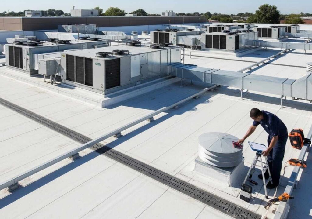 Retail center roof inspection showing clean drains, TPO surface, and proactive maintenance work.