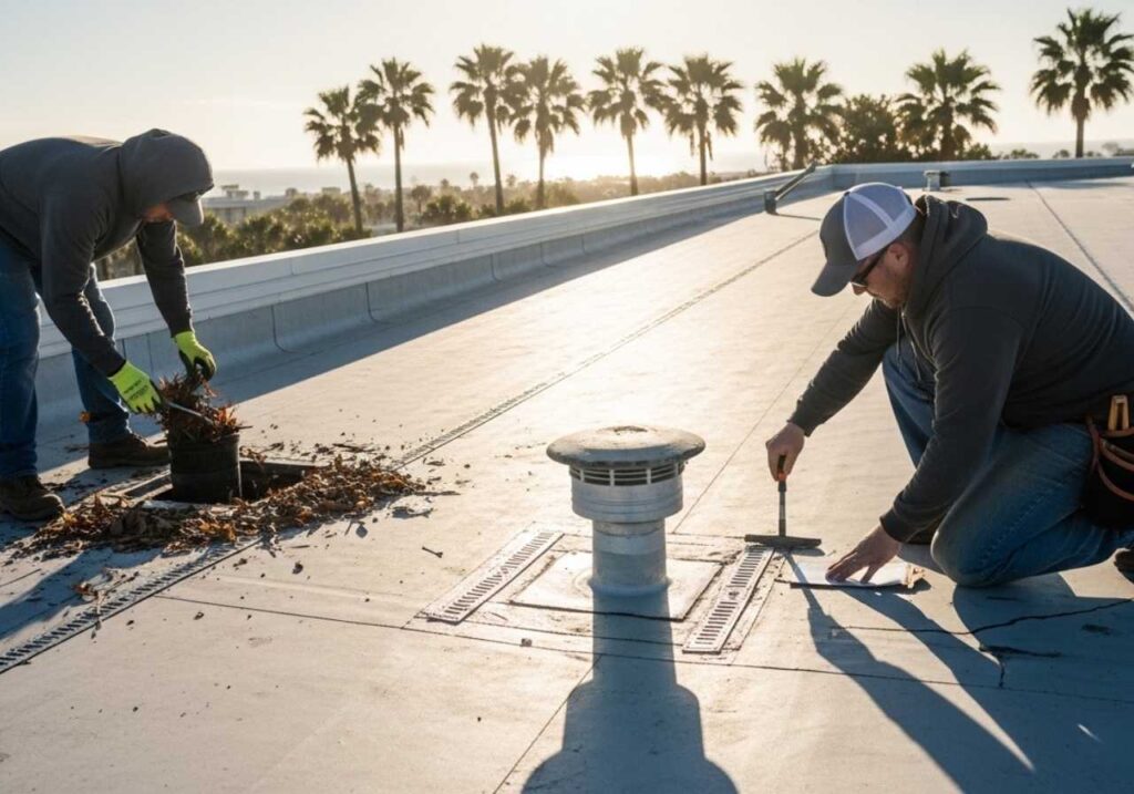 Roofing technician cleaning flat roof drains and inspecting flashing during routine Florida maintenance.