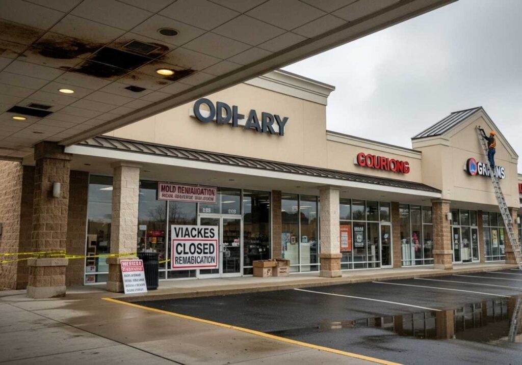 Closed retail store in a strip mall undergoing mold cleanup after roof leak damage.
