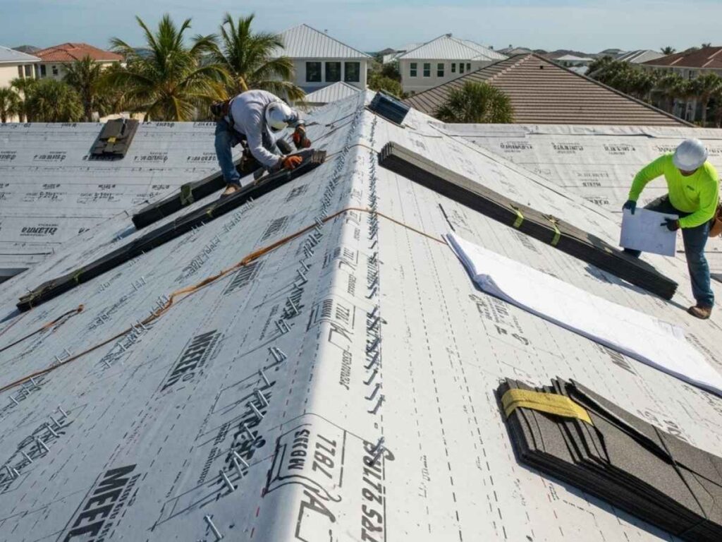 Florida roof installation showing code-compliant underlayment, fasteners, and reflective roofing materials.