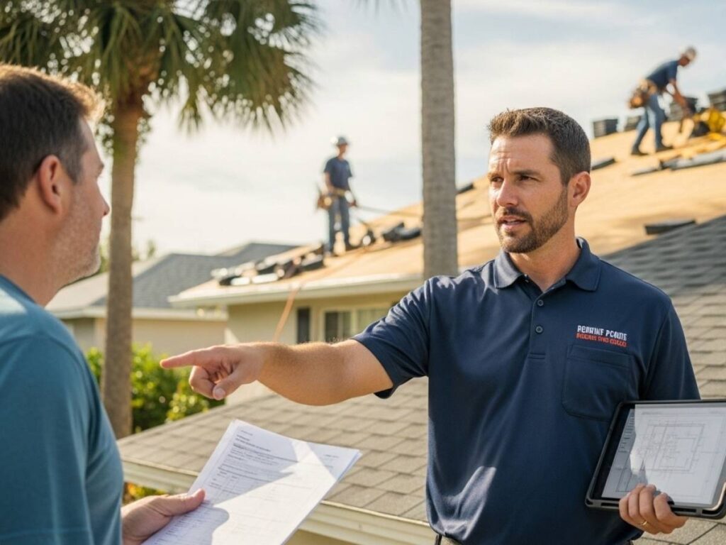 Florida roofing contractor discussing roof repair and building code compliance with a homeowner.