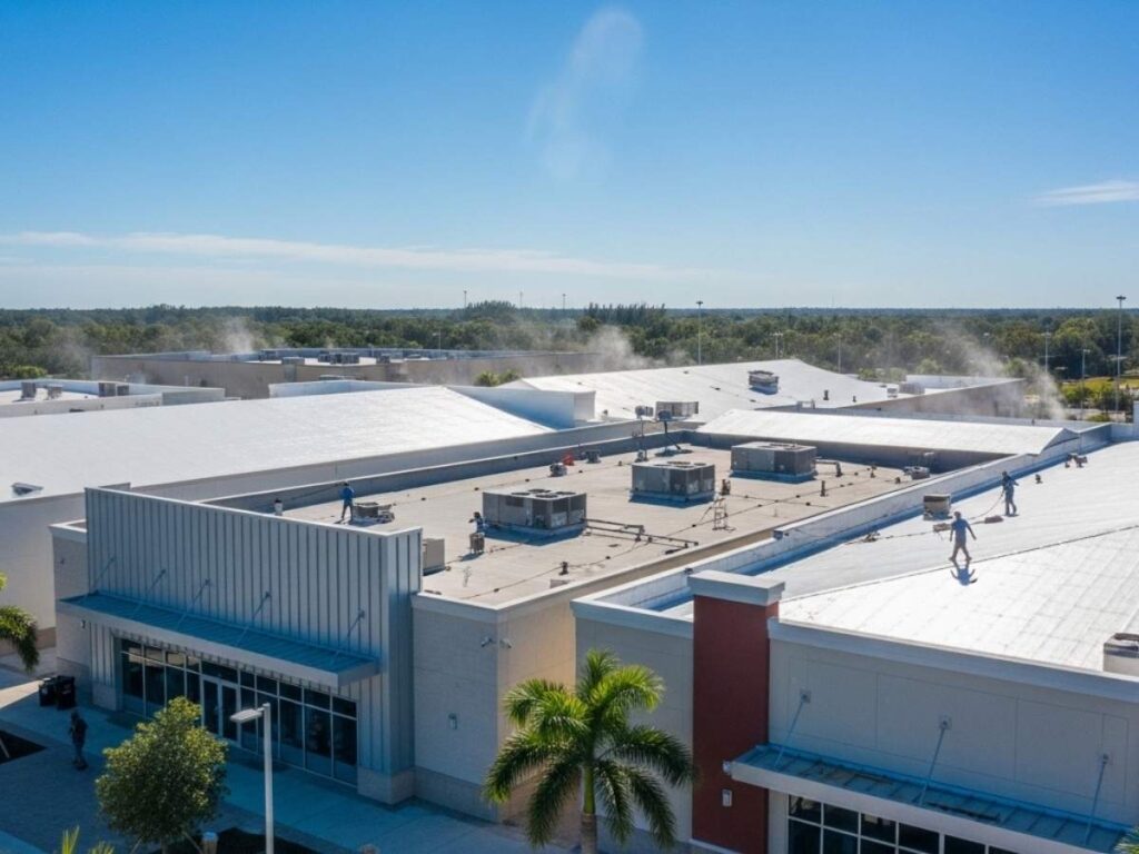Florida retail shopping center featuring TPO, metal, modified bitumen, and reflective cool roof systems under bright sunlight.