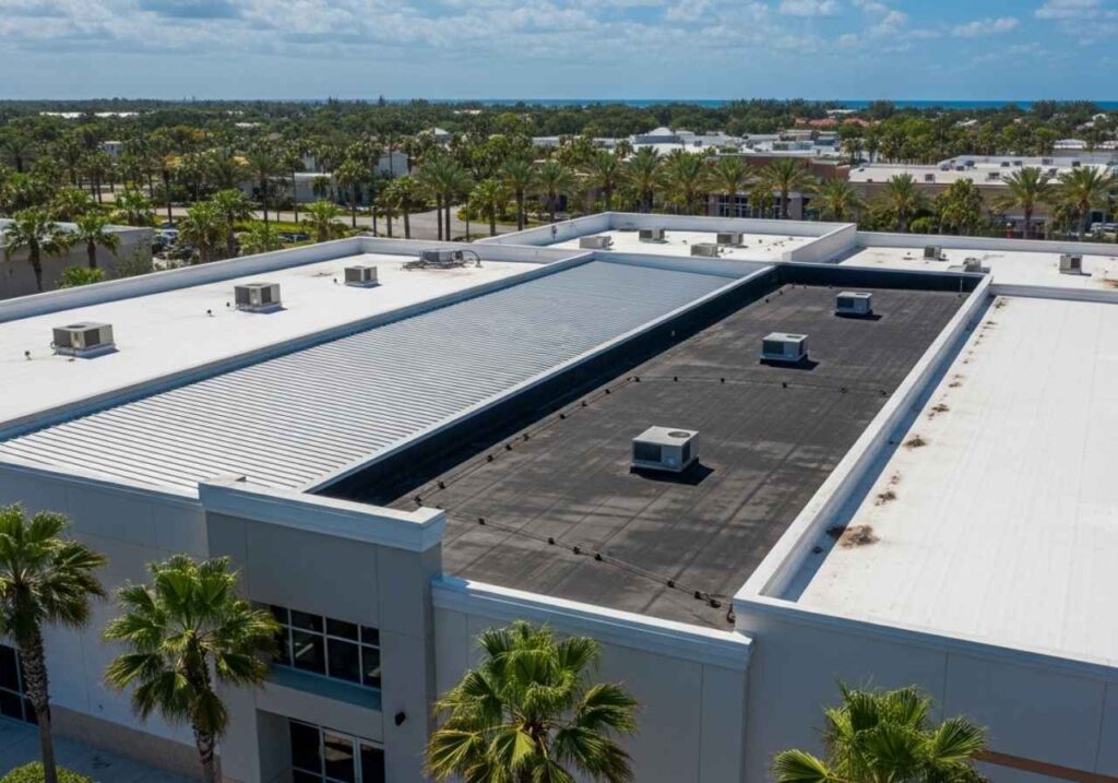 Florida retail center rooftop showing TPO, metal, modified bitumen, and cool roof coatings under sunny, humid conditions.