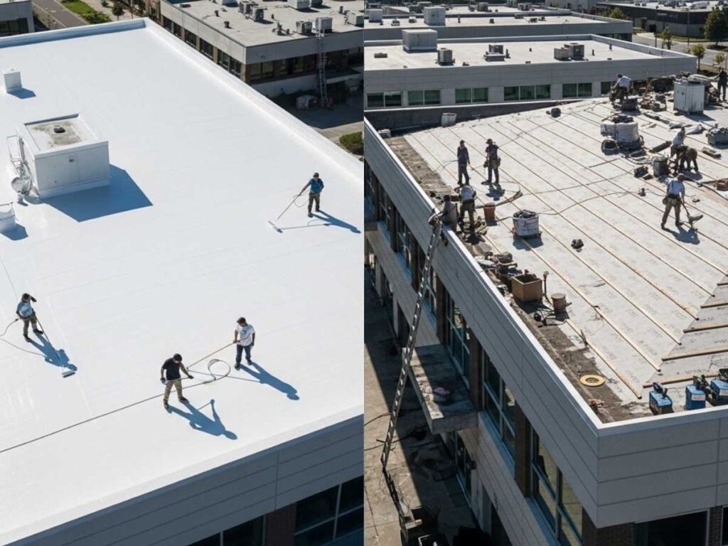 Side-by-side comparison of commercial roof coating application versus full roof replacement on a flat building roof.