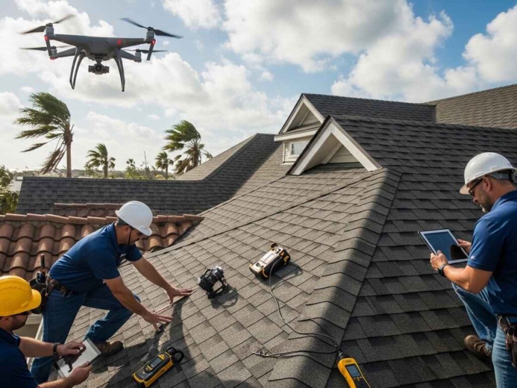 Roof inspectors using drones and tools to assess a complex multi-level roof after storm conditions in Florida.