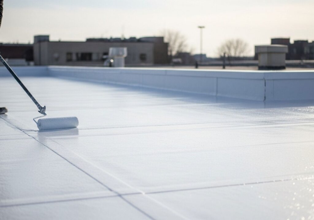 Roof coating being applied to a flat commercial roof with a roller, forming a protective white membrane.