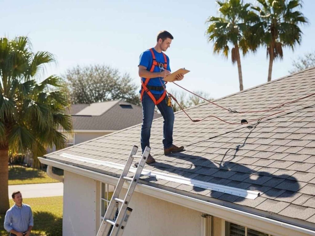 Professional roofer inspecting a residential roof while a homeowner observes, highlighting preventative roof maintenance.