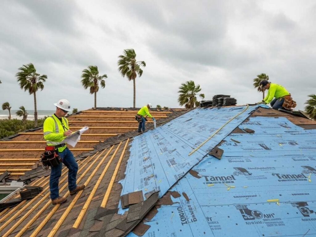 Florida roofing contractors upgrading a residential roof to meet building code requirements after storm damage repairs.