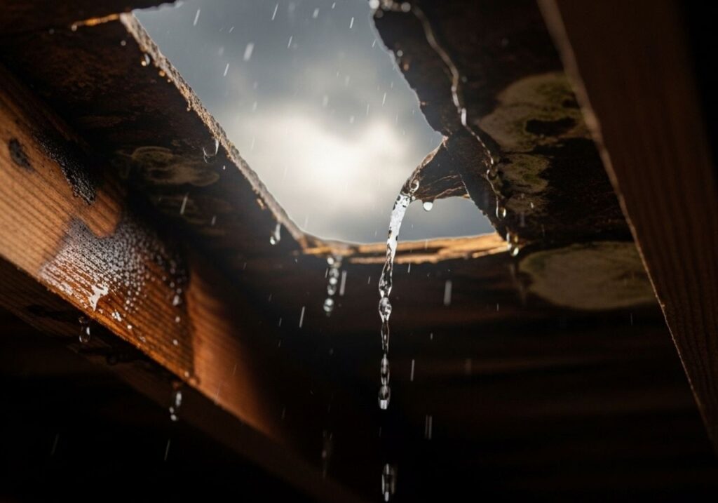 A small roof leak in a Florida attic causing water damage and mold under stormy skies.
