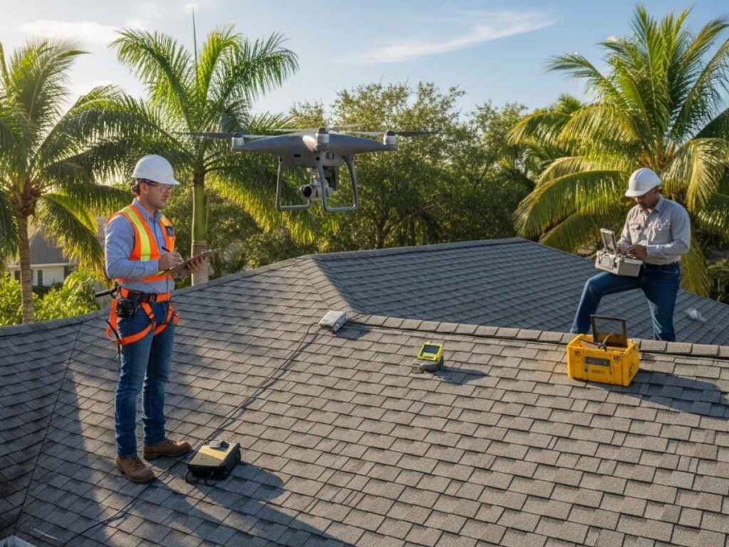 Roofing inspectors using drones and tools to inspect a residential roof for damage in sunny Florida.