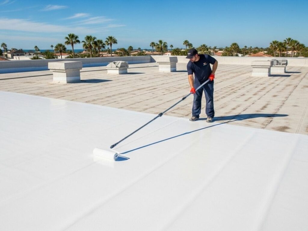 Technician applying reflective roof coating to a structurally sound commercial metal roof under sunny conditions.