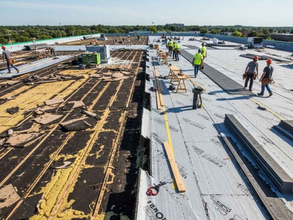 Roofing contractors replacing a damaged commercial flat roof with visible removed membrane and new materials being installed.