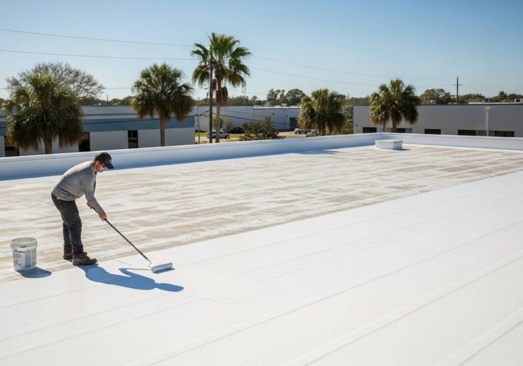 Professional applying white roof coating on a sunlit flat commercial building in Florida.