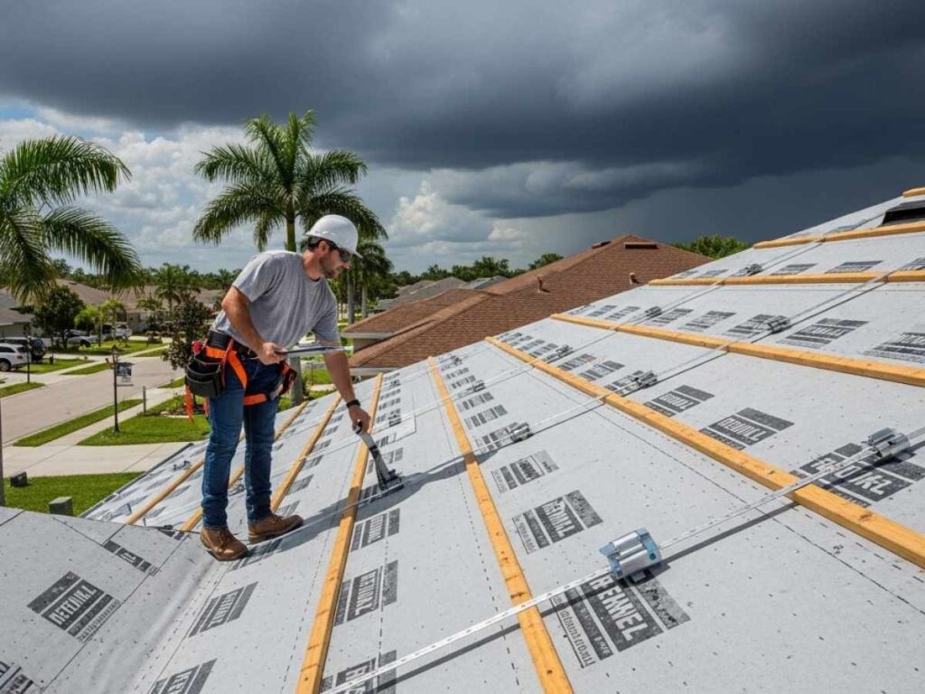 Florida roofing contractor inspecting a hurricane-resistant roof to ensure building code compliance.