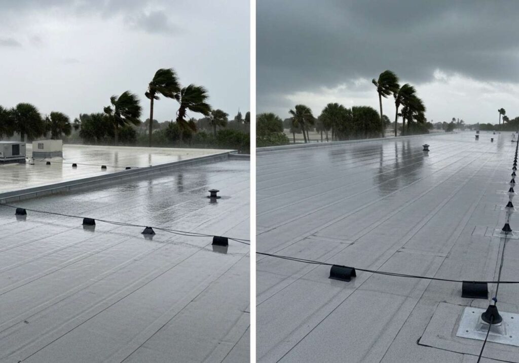 Florida flat roof during heavy rain showing proper drainage and water flowing toward roof drains instead of pooling.