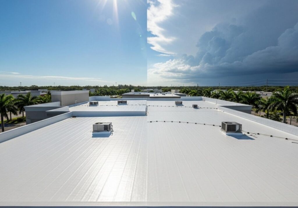Florida commercial building with a reflective white roof coating, combining energy efficiency and storm resilience.